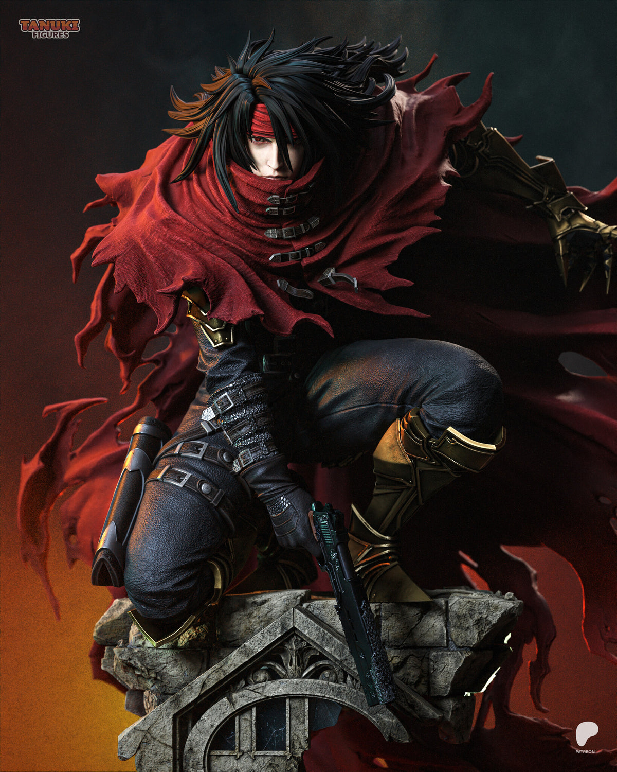 Sculptor's render (kit ships unpainted): closer view of the crouching figure with the long pistol held low and the holster on his thigh