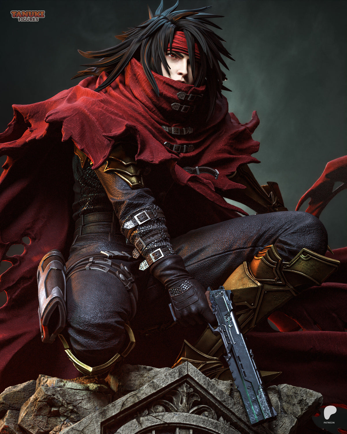Sculptor's render (kit ships unpainted): close view of the buckled red cowl, the leather straps and the long pistol