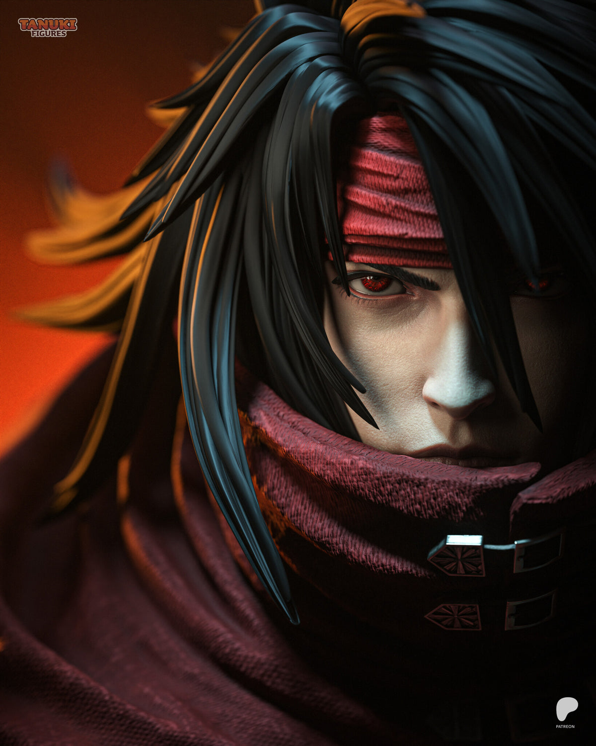 Sculptor's render (kit ships unpainted): close-up of the face, one red eye showing under the red headband and long black hair
