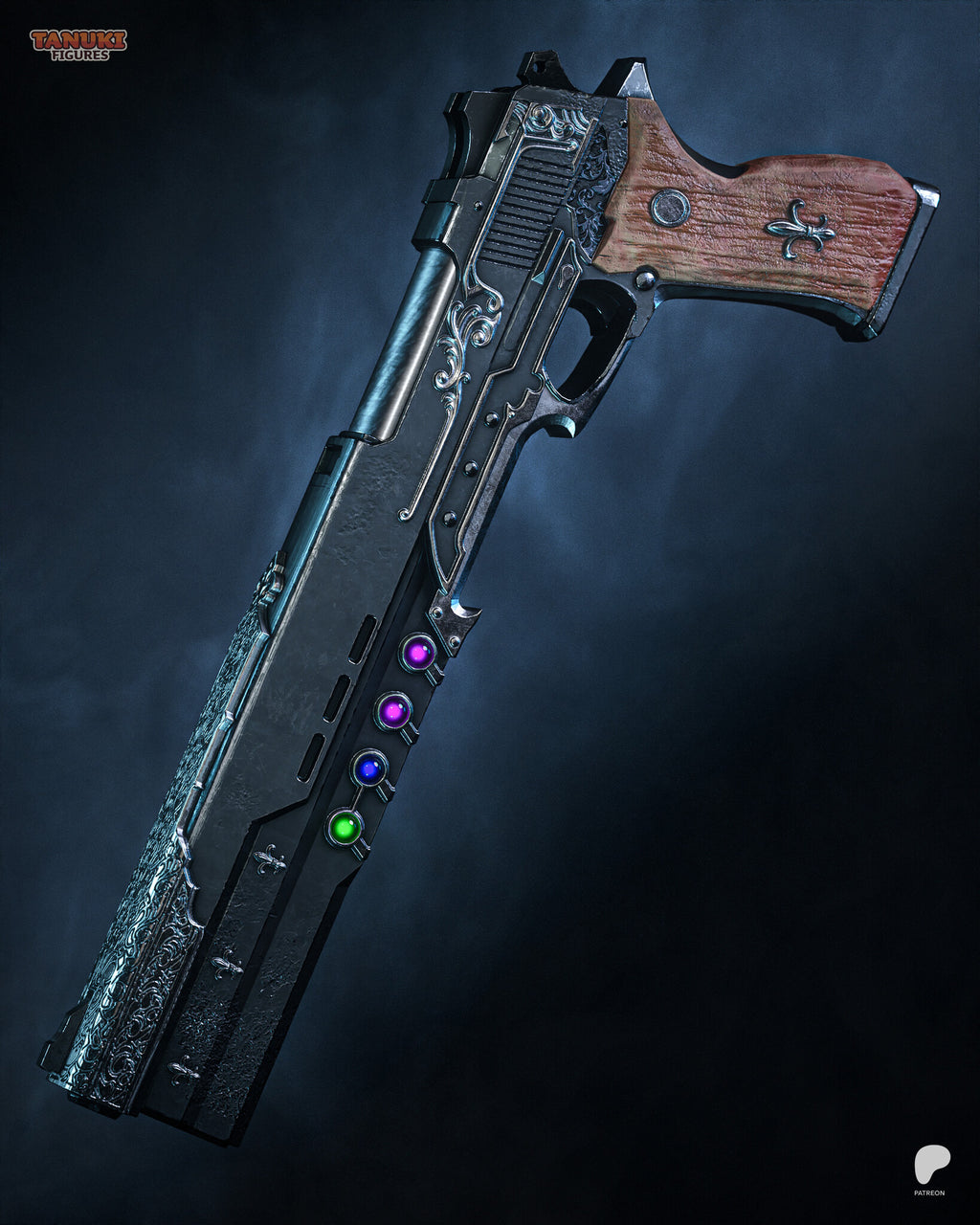 Sculptor's render (kit ships unpainted): the long engraved pistol on its own