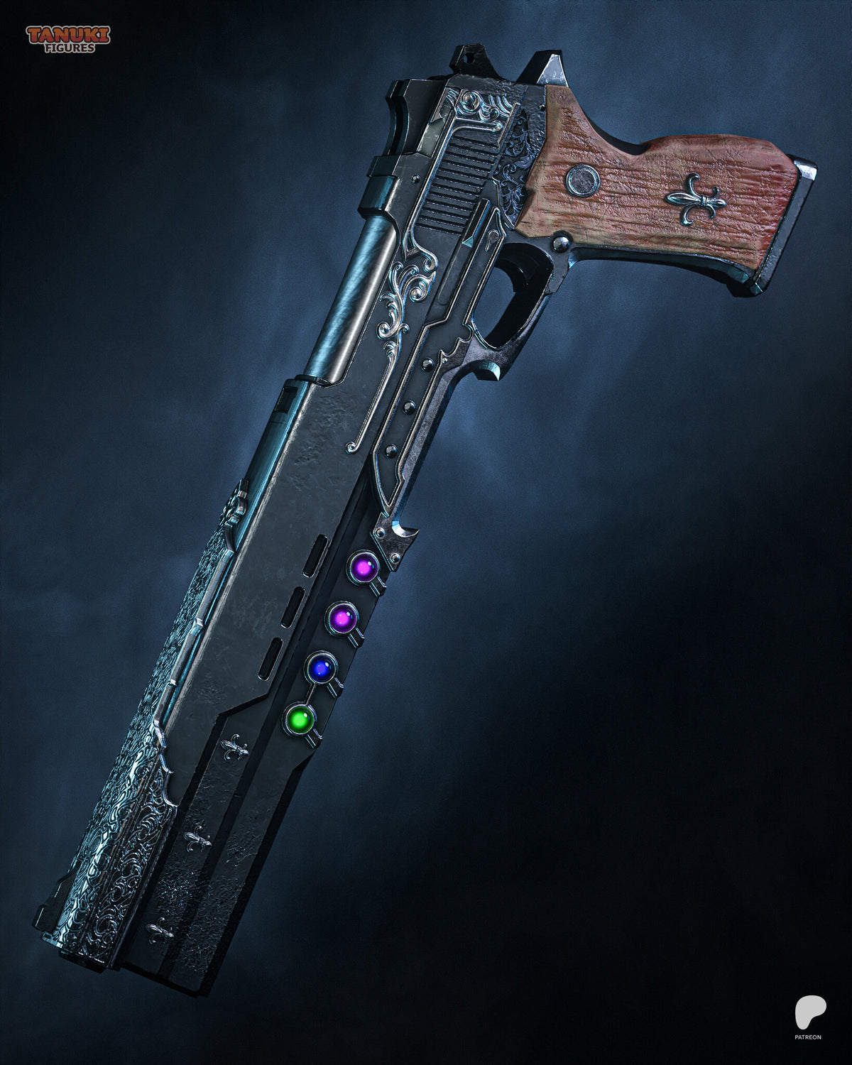 Sculptor's render (kit ships unpainted): the long engraved pistol on its own