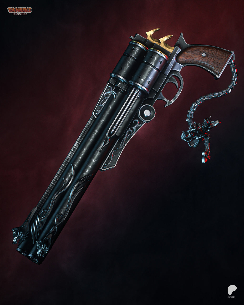 Sculptor's render (kit ships unpainted): the second gun hand, a triple-barrel revolver with its hanging chain charm, on its own