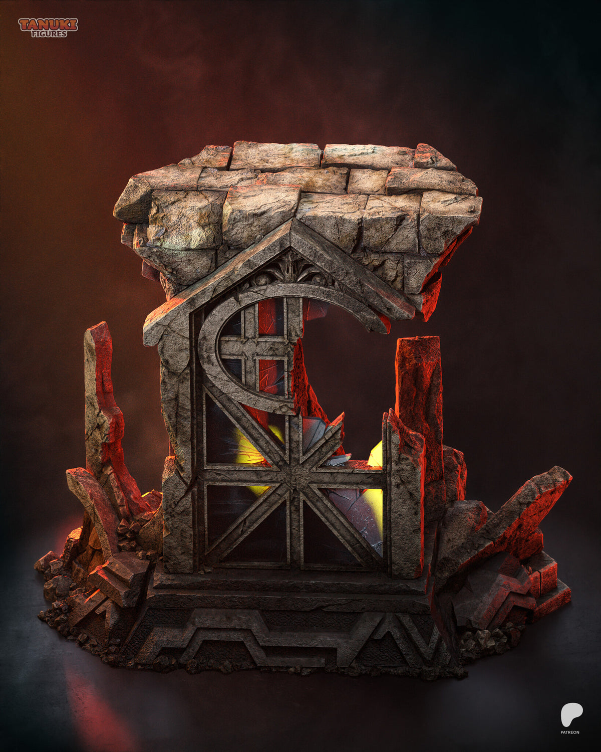 Sculptor's render (kit ships unpainted): the empty base, a ruined Gothic window column among rock spires on a carved plinth