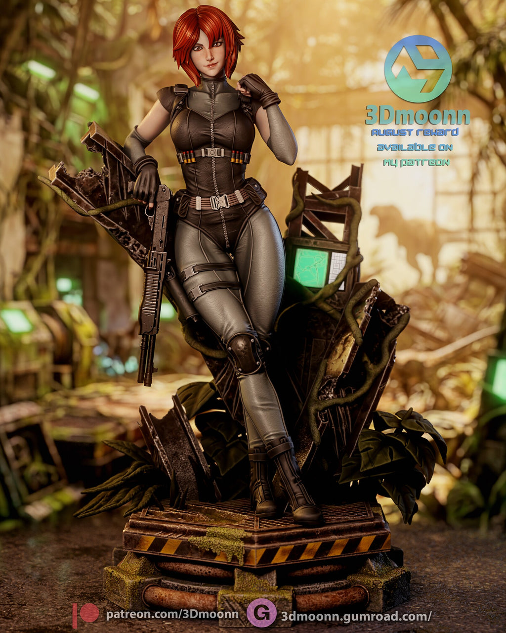 Sculptor's render of the painted design (kit ships unpainted): front full view of the red-haired woman leaning on her shotgun in front of the ruined wall panel and monitor