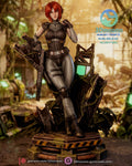 Sculptor's render of the painted design (kit ships unpainted): front full view of the red-haired woman leaning on her shotgun in front of the ruined wall panel and monitor