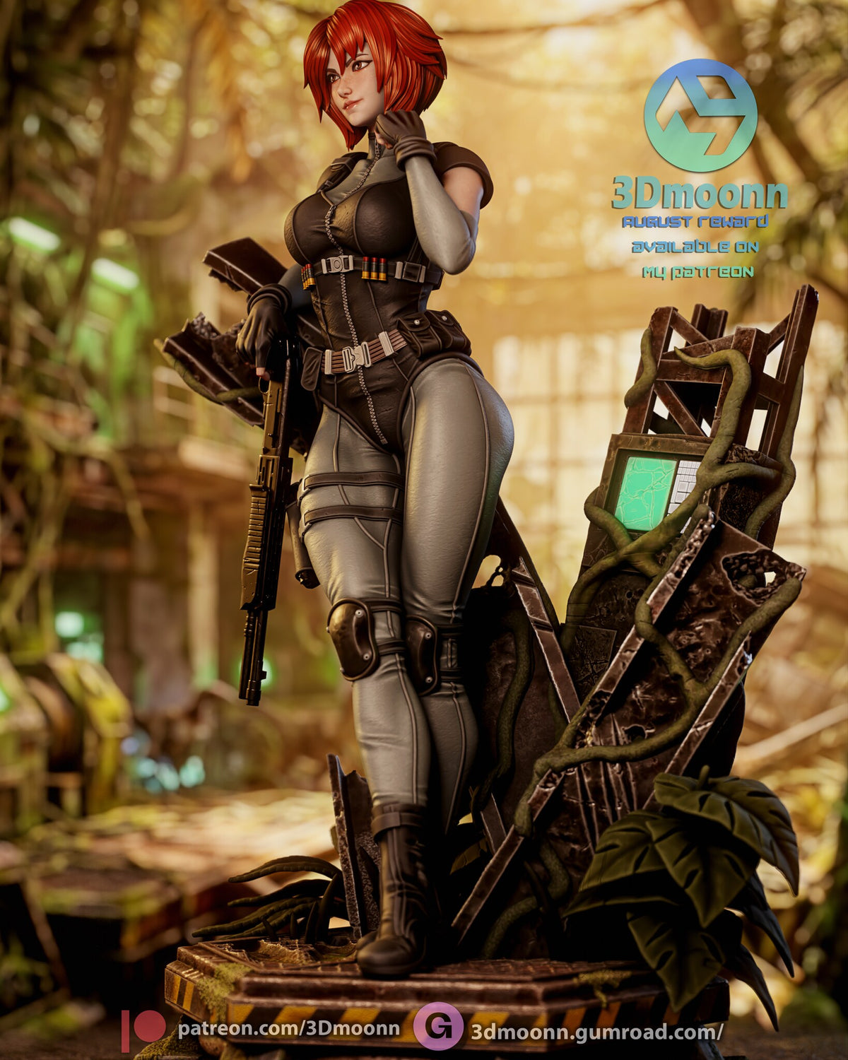 Sculptor's render (kit ships unpainted): three-quarter view with the shotgun at her side and the green-lit monitor behind her
