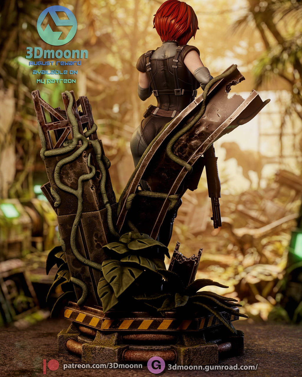 Sculptor's render (kit ships unpainted): rear view of the vest straps, the back of the scenery and the vines