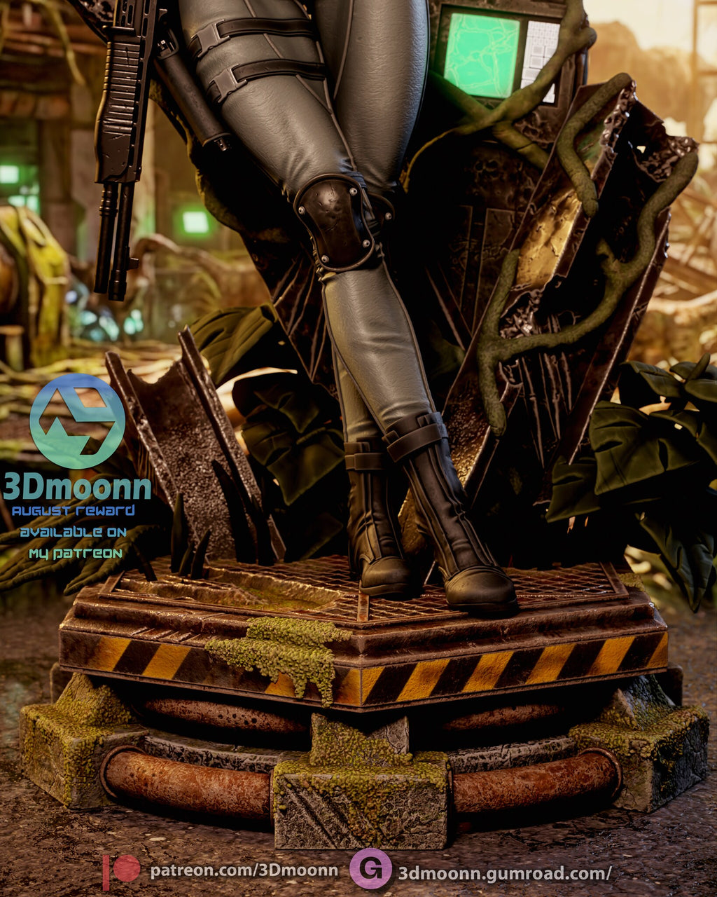 Sculptor's render (kit ships unpainted): close-up of the boots on the grating slab, the hazard stripe and the rusted ring of the base