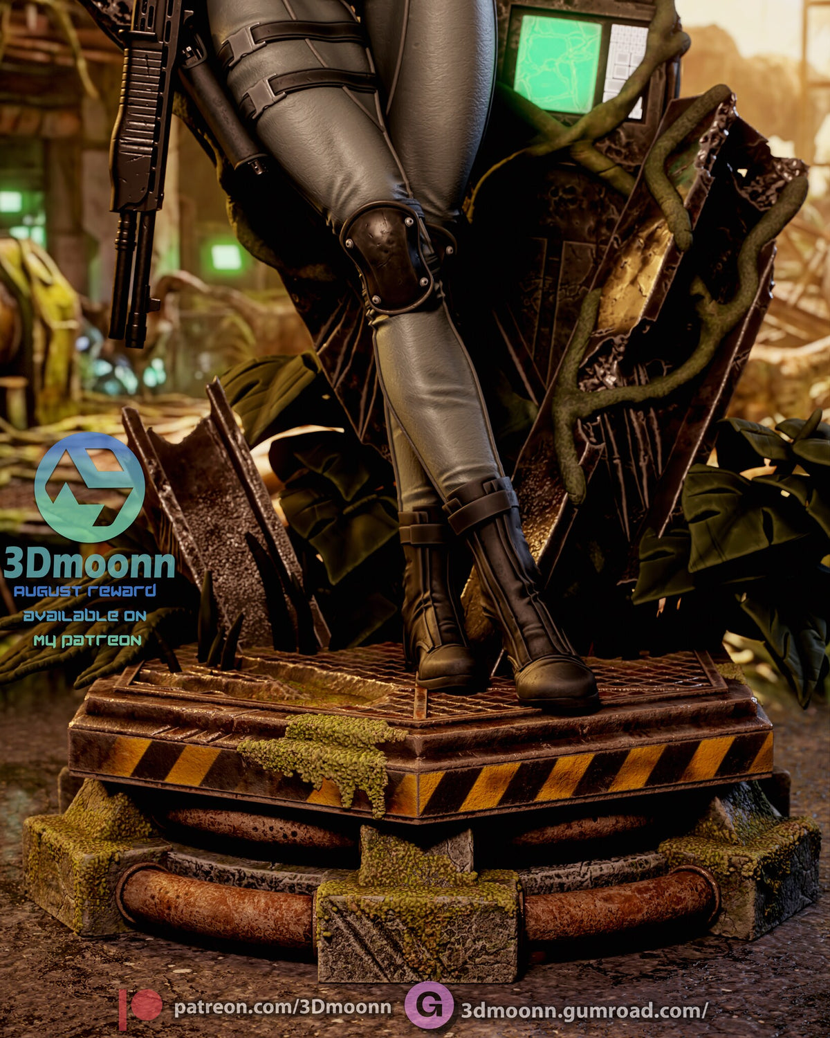 Sculptor's render (kit ships unpainted): close-up of the boots on the grating slab, the hazard stripe and the rusted ring of the base