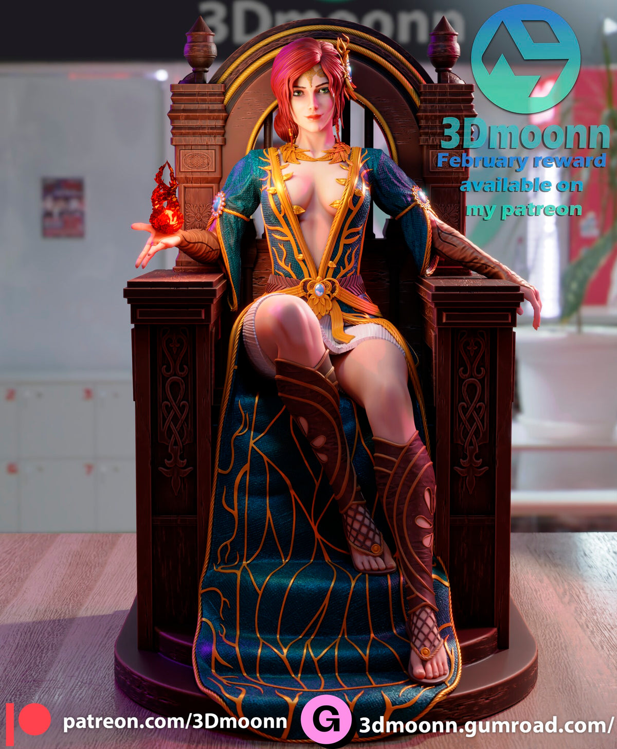 Sculptor's render of the painted design (kit ships unpainted): front full view of the red-haired sorceress seated on the carved wooden throne with a flame orb above her open hand