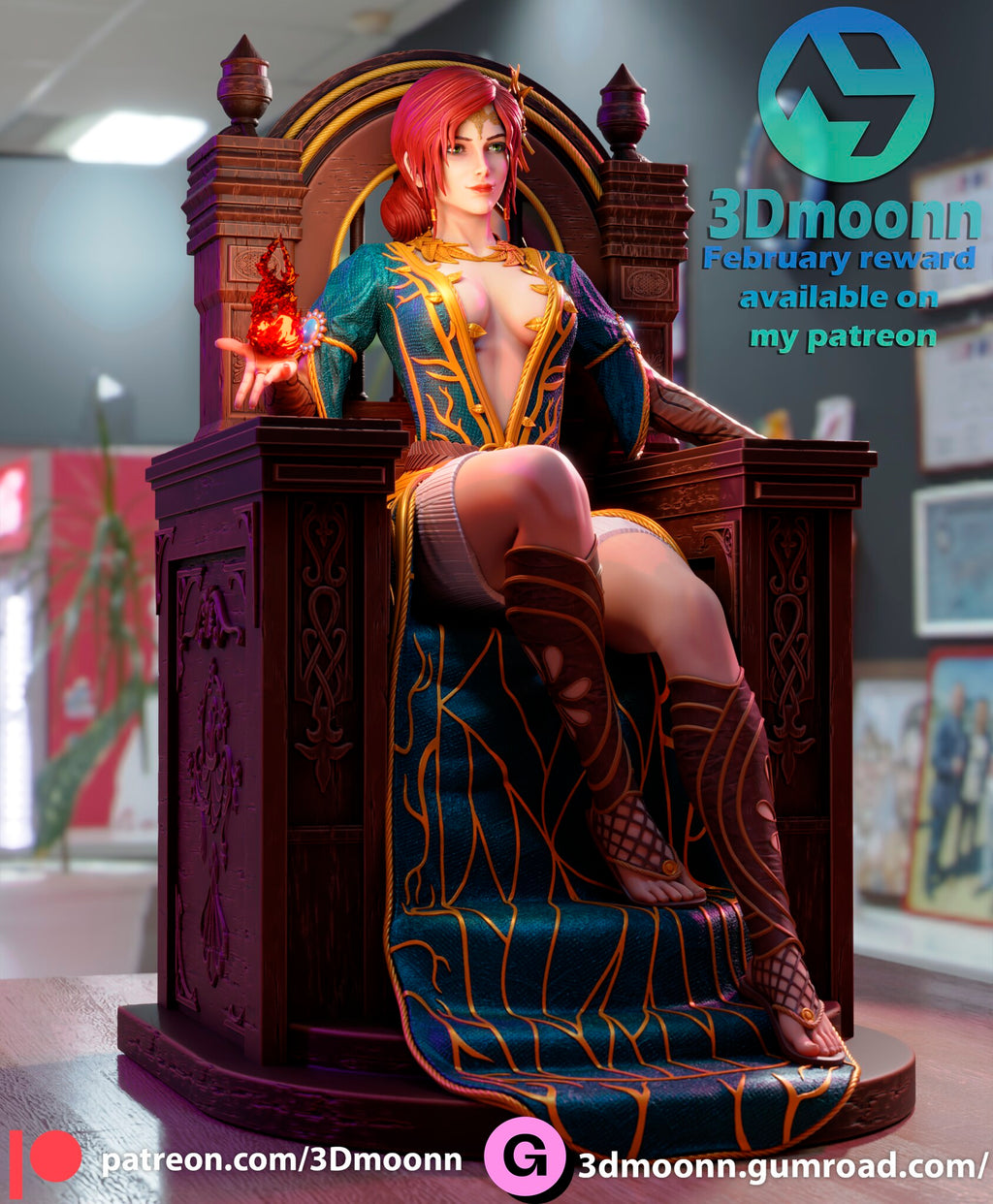 Sculptor's render (kit ships unpainted): three-quarter view showing the carved side panel of the throne and the knot of red hair at her nape
