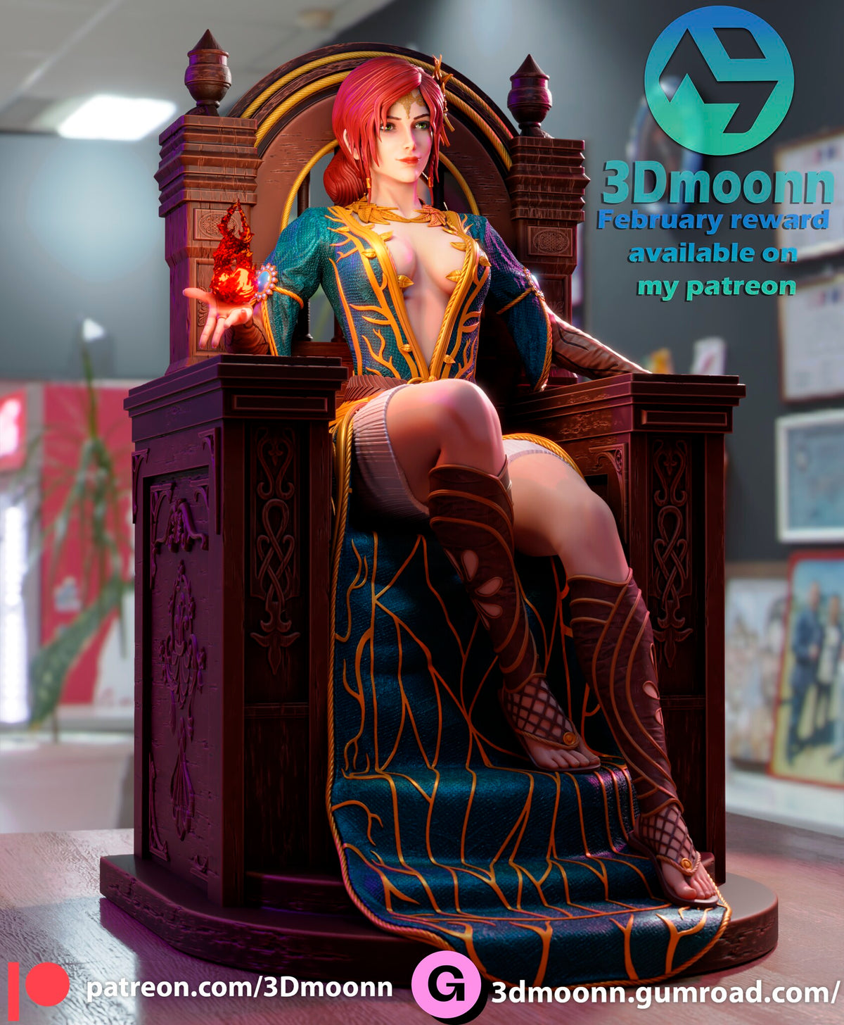 Sculptor's render (kit ships unpainted): three-quarter view showing the carved side panel of the throne and the knot of red hair at her nape