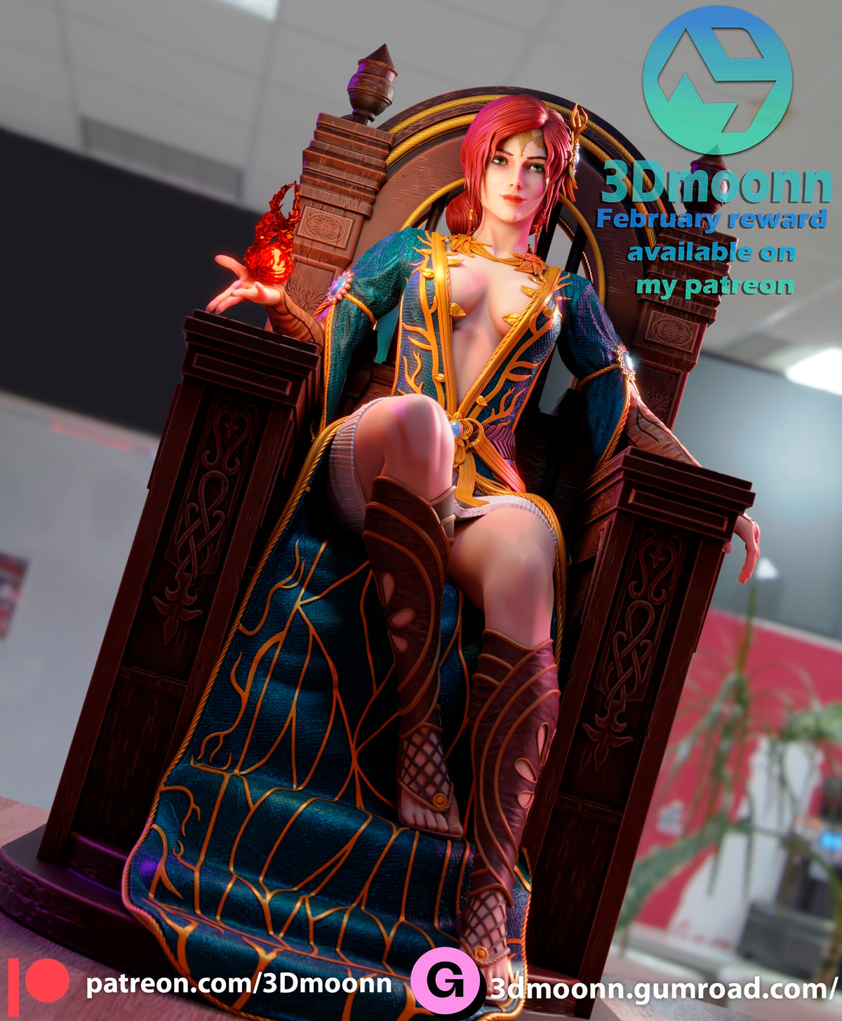 Sculptor's render (kit ships unpainted): tilted low-angle view of the laced knee-high boots and the throne's knotwork pillars