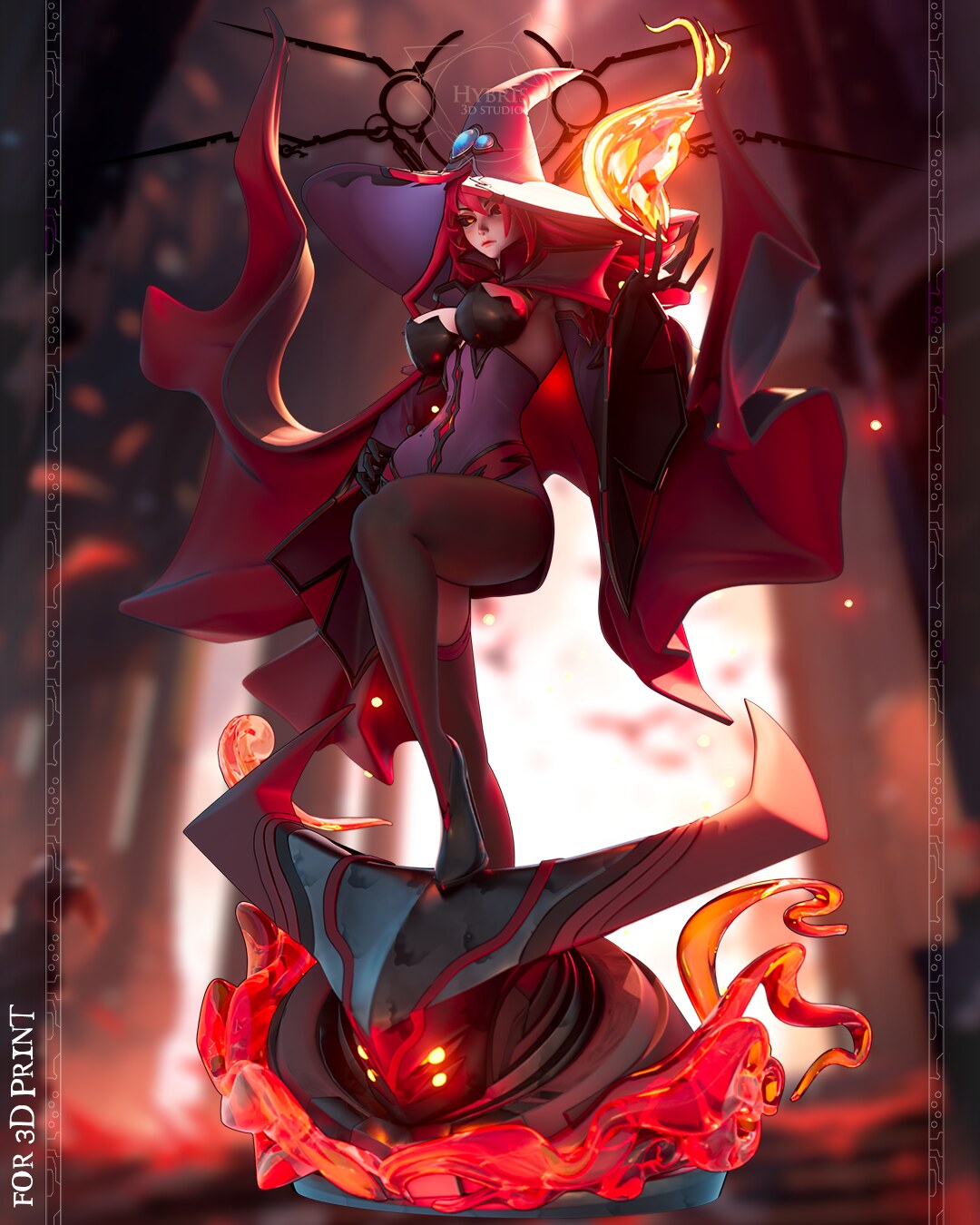 Sculptor's render of the painted design (kit ships unpainted): full front view of the red-haired witch with a flame raised beside her hat and one heel on a giant hooded head ringed with red flames