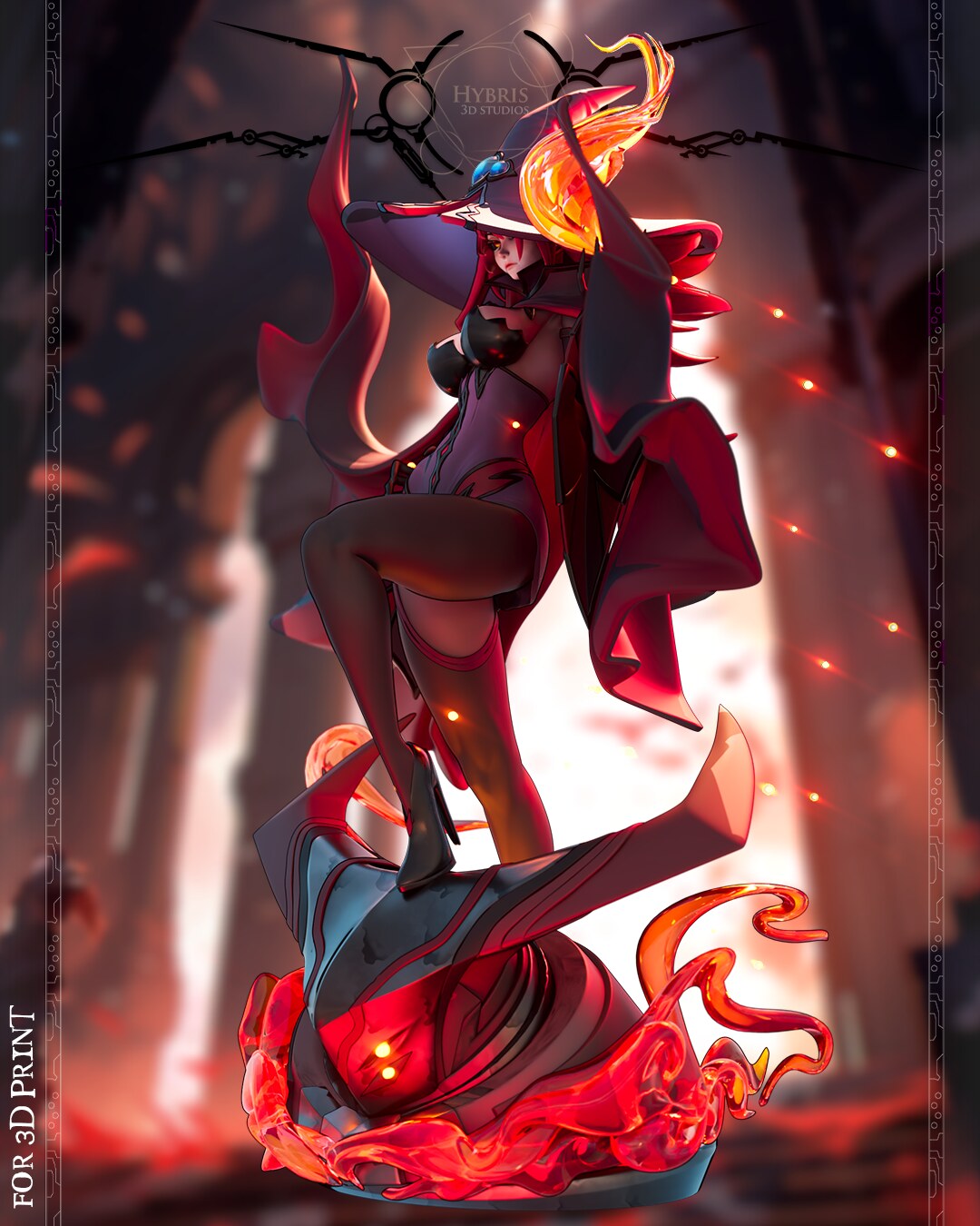 Sculptor's render (kit ships unpainted): front three-quarter view from her right, the cloak flaring behind her and the giant head's glowing eyes below