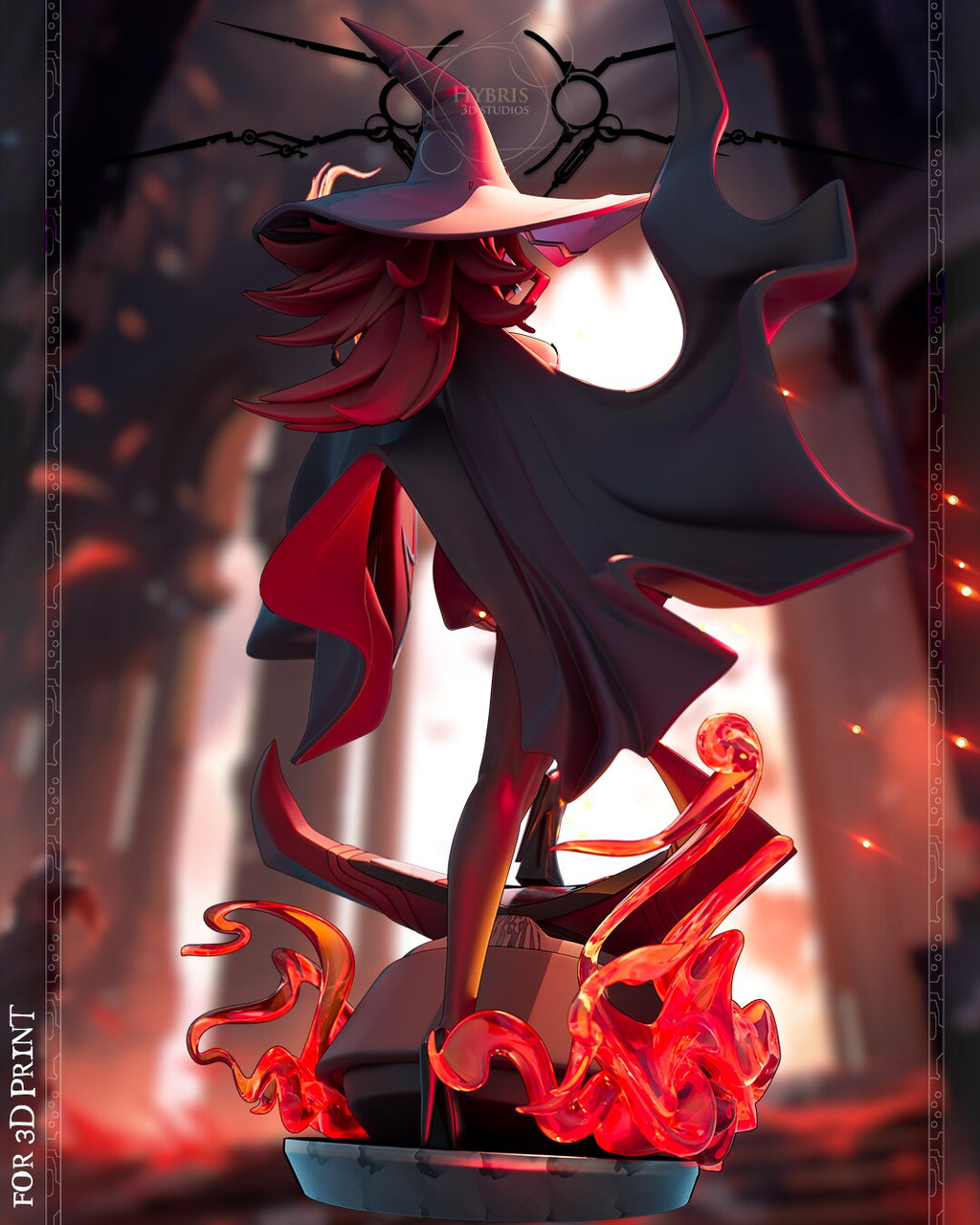 Sculptor's render (kit ships unpainted): rear view of the black cloak and violet witch hat over the grey dome of the giant head and the curling flames