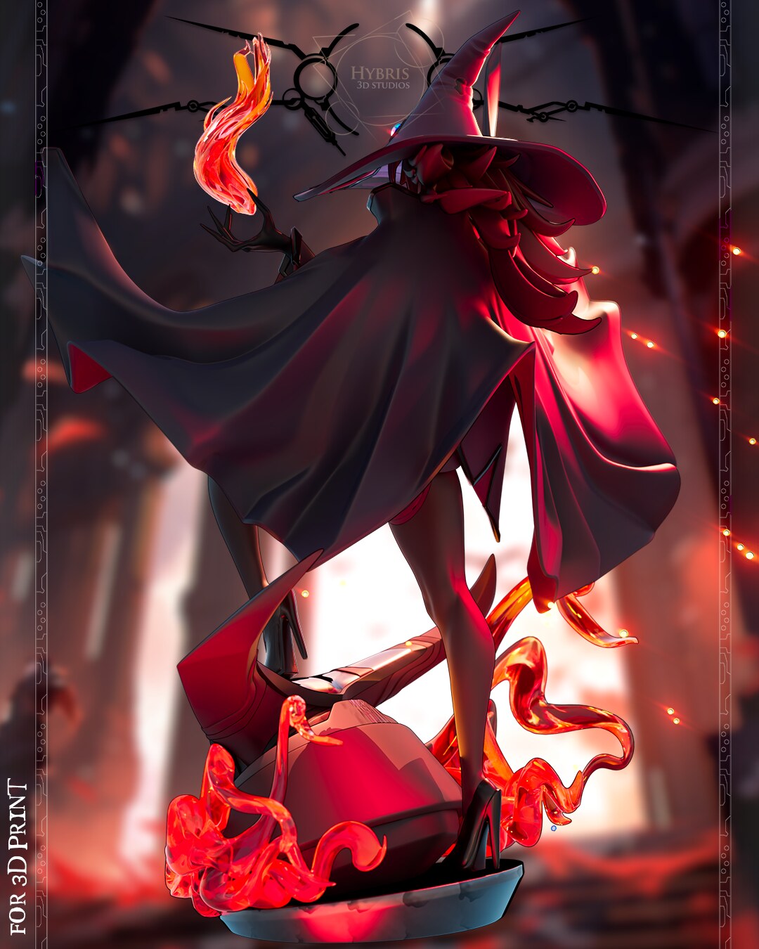 Sculptor's render (kit ships unpainted): rear three-quarter view from the other side, the flame raised behind her hat and the cloak falling to the base