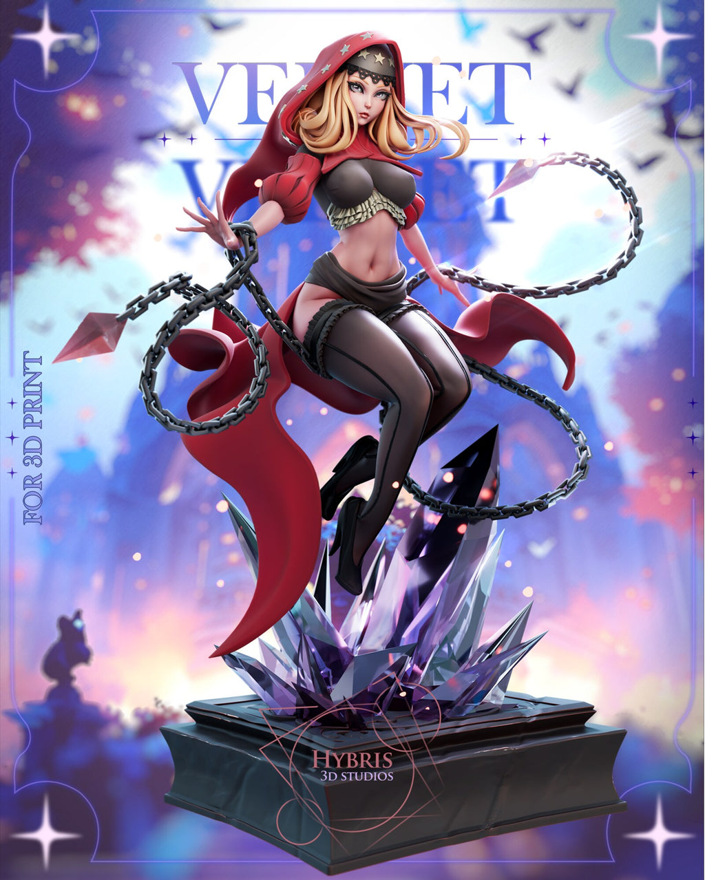 Sculptor's render of the painted design (kit ships unpainted): full three-quarter front view, leaping above the crystal burst with her knees drawn up and a chain swinging from each wrist, on the square book-like plinth