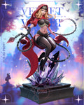 Sculptor's render of the painted design (kit ships unpainted): full three-quarter front view, leaping above the crystal burst with her knees drawn up and a chain swinging from each wrist, on the square book-like plinth