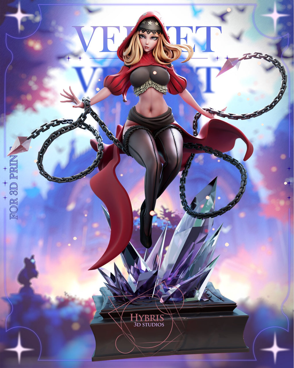 Sculptor's render (kit ships unpainted): full front view with arms spread, the chains looping out to their pink crystal points and the red cape streaming behind