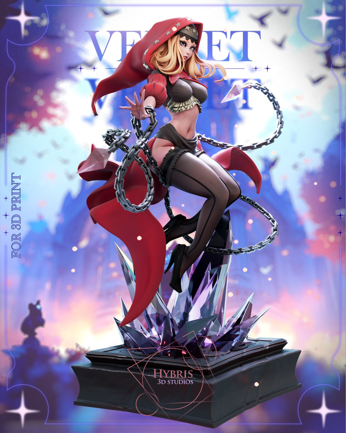 Sculptor's render (kit ships unpainted): full three-quarter view from her left with the red hood and cape billowing and the chains in loose loops