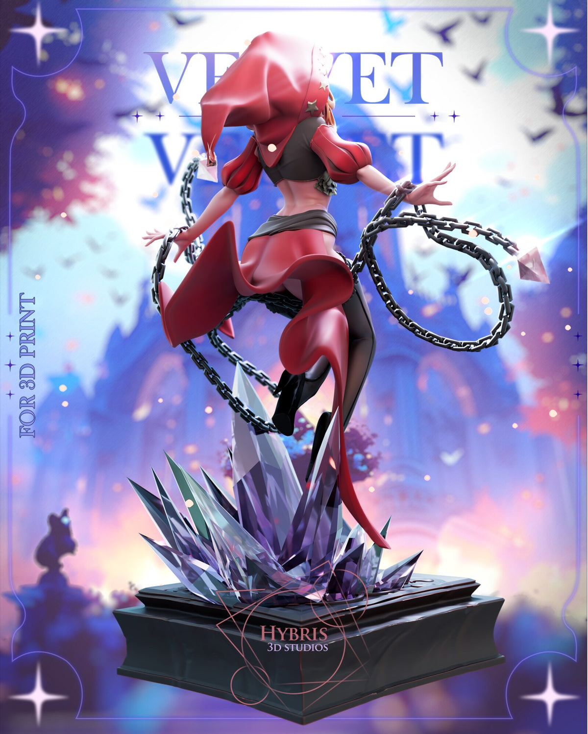 Sculptor's render (kit ships unpainted): rear view of the full figure, the red hood and cape flowing down toward the crystal burst
