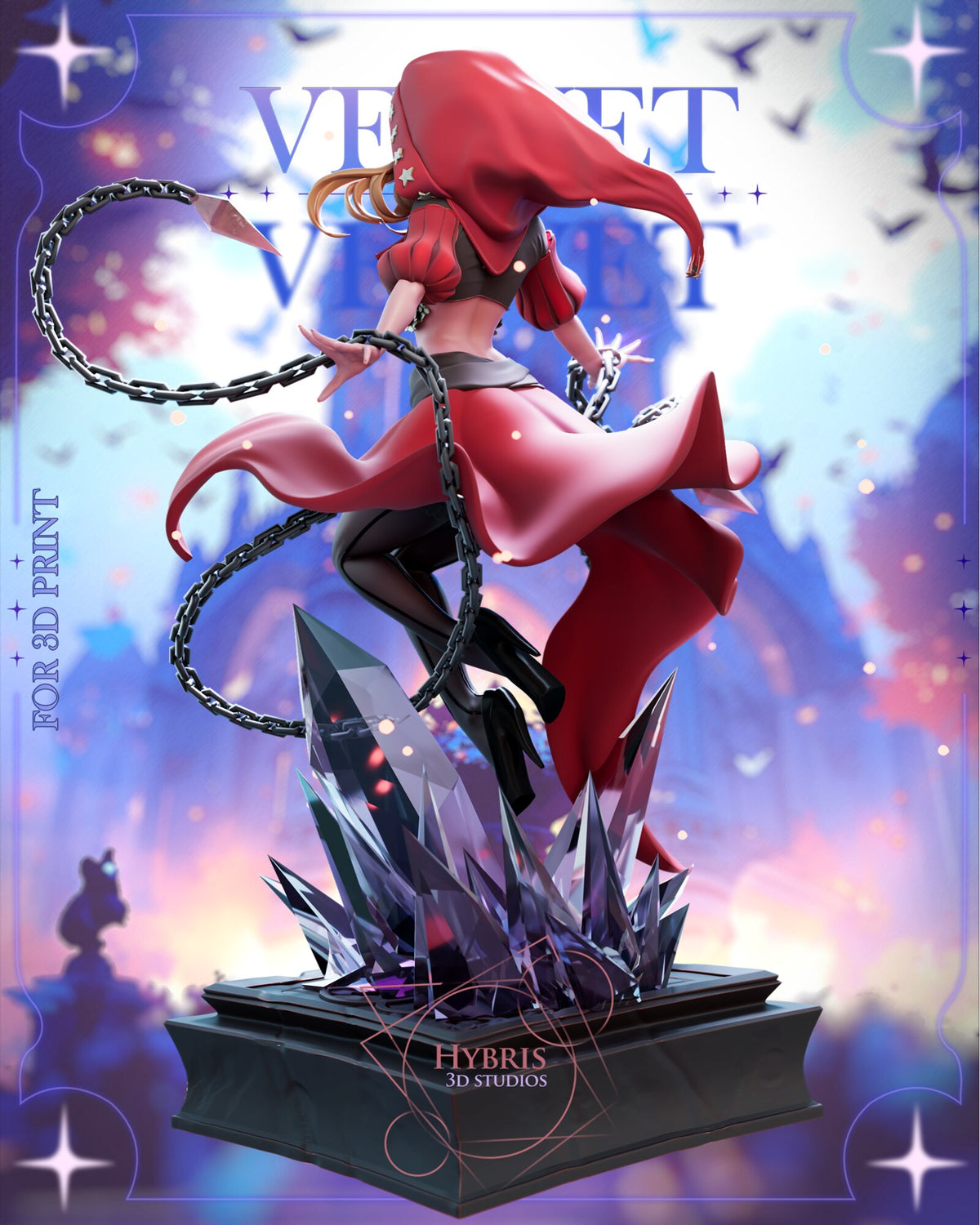 Sculptor's render (kit ships unpainted): rear three-quarter view with the cape swirling and the chains curving around the crystals
