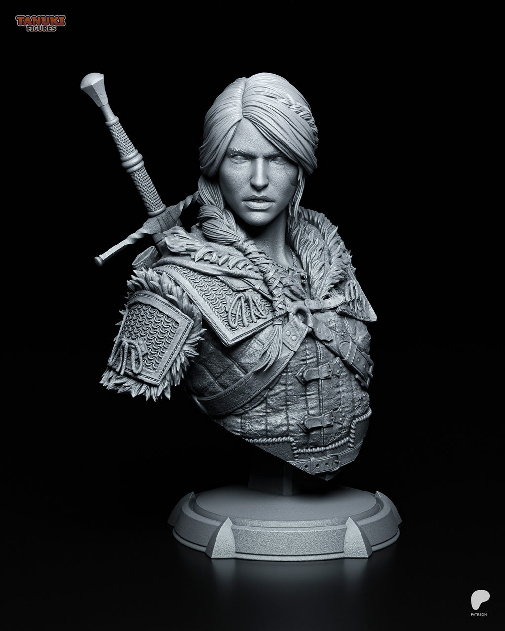 Sculptor's render of the painted design (kit ships unpainted): front three-quarter view of the bust, her scowling face toward the camera and the sword hilt over her right shoulder