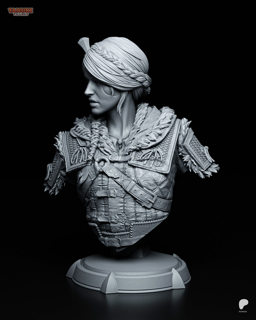 Sculptor's render (kit ships unpainted): chest-on view with her head in profile, showing the fur collar, mail-pattern shoulder panels and the medallion at her throat