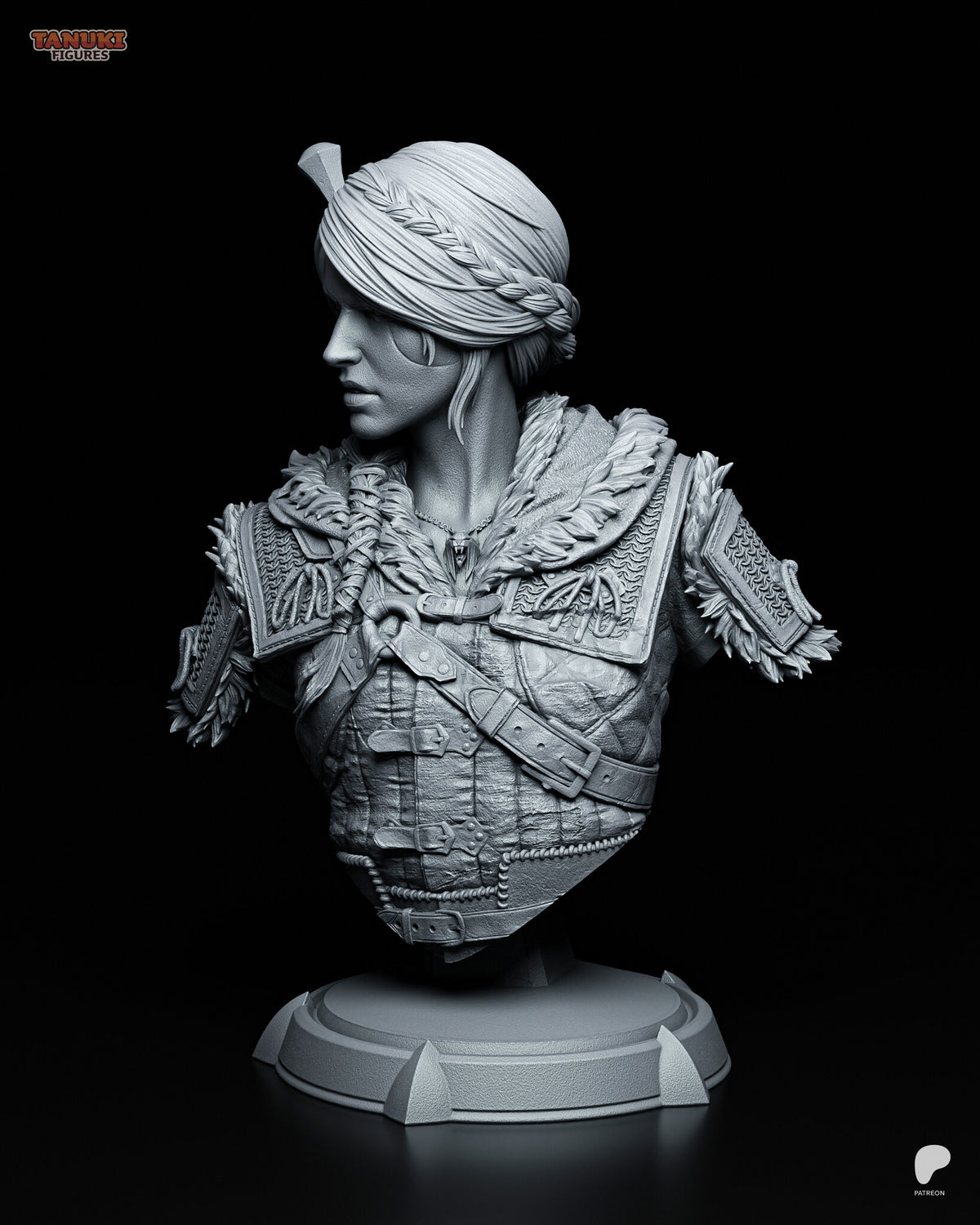 Sculptor's render (kit ships unpainted): chest-on view with her head in profile, showing the fur collar, mail-pattern shoulder panels and the medallion at her throat