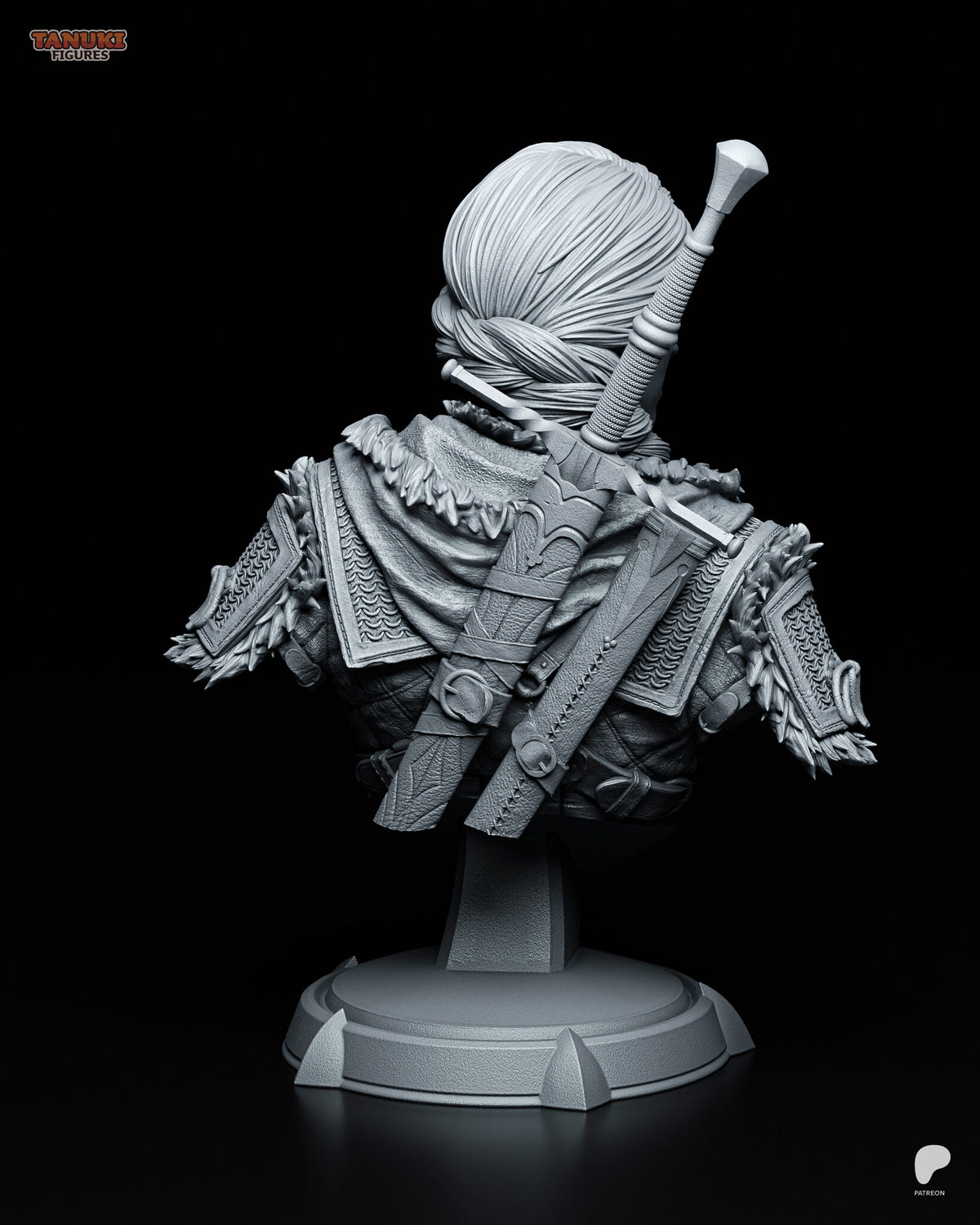 Sculptor's render (kit ships unpainted): back view showing the hair knot, the fur-edged mantle, and the sword and two sheaths across her back