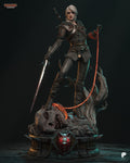 Sculptor's render of the painted design (kit ships unpainted): front view of the statue on the spiked drum plinth, sword lowered and the glowing chain running from her raised fist to the monster head