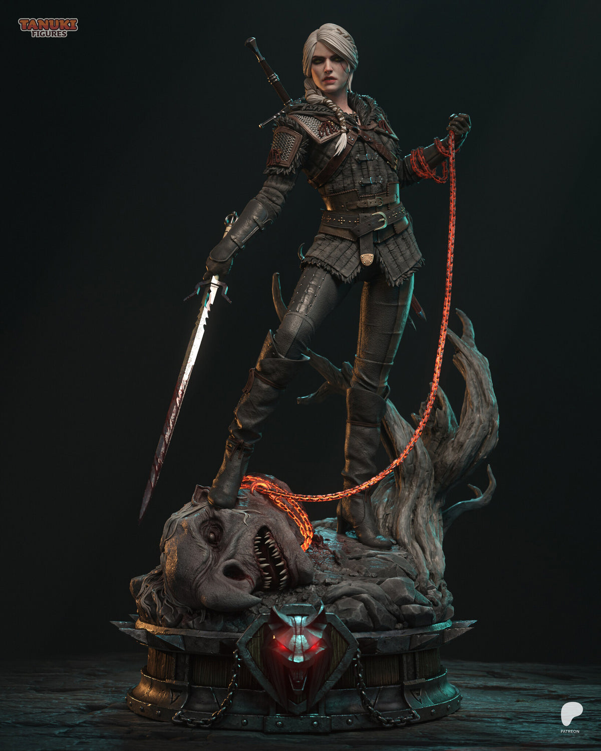 Sculptor's render of the painted design (kit ships unpainted): front view of the statue on the spiked drum plinth, sword lowered and the glowing chain running from her raised fist to the monster head
