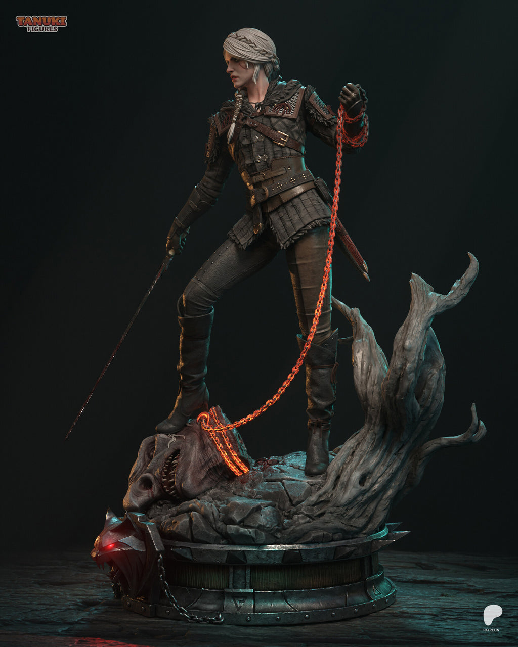 Sculptor's render (kit ships unpainted): three-quarter view from her front left, with her head in profile and the dead tree sweeping behind her