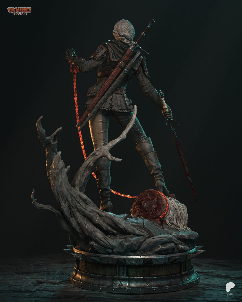 Sculptor's render (kit ships unpainted): rear view showing the sword and scabbard on her back and the tree curling around the base