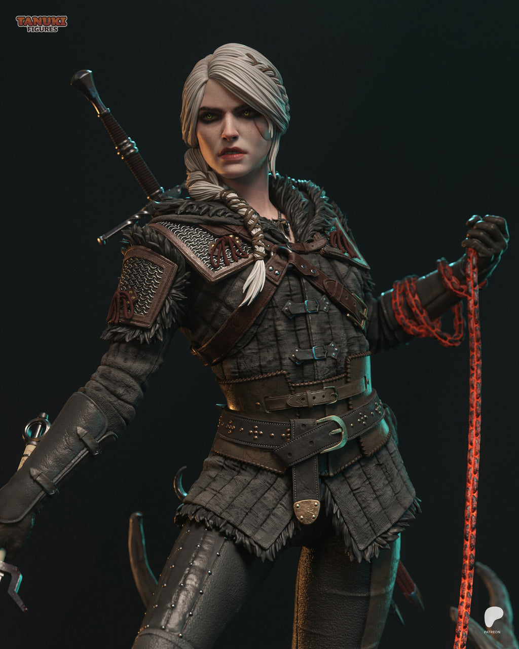 Sculptor's render (kit ships unpainted): close-up of the scarred face, braid, chainmail pauldrons and the chain coiled round her forearm