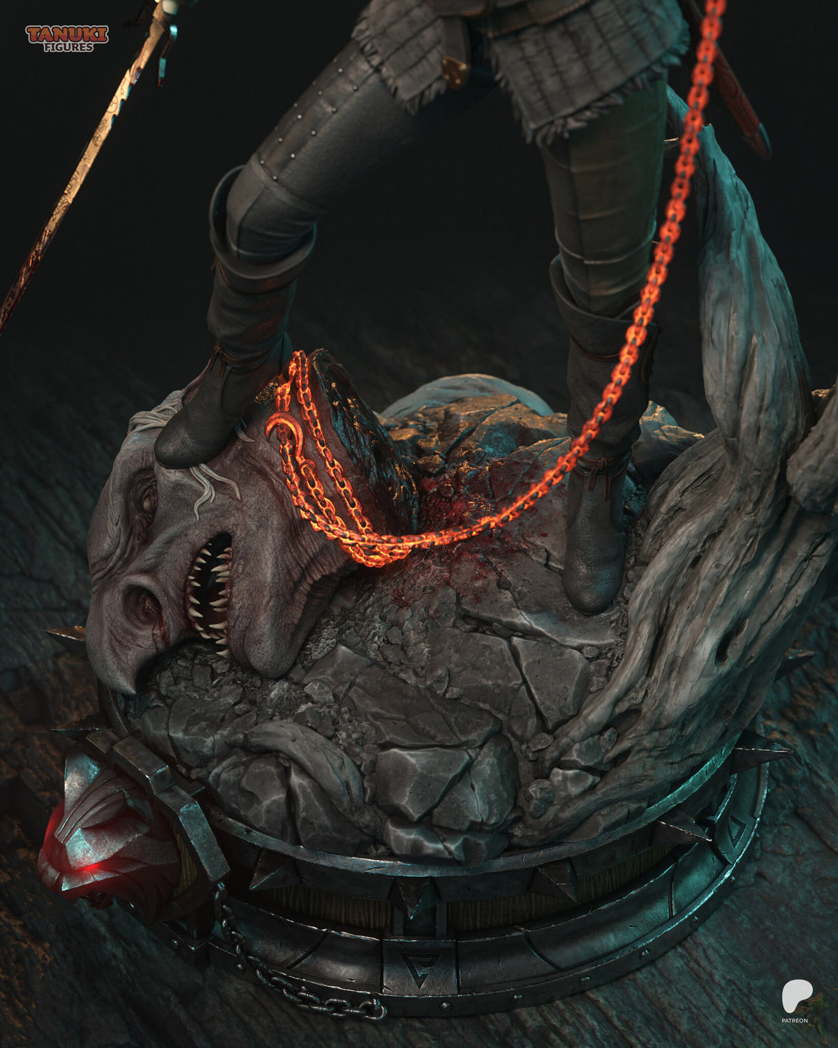 Sculptor's render (kit ships unpainted): high view down onto the base, with both boots, the monster head and the chain wrapped round its neck
