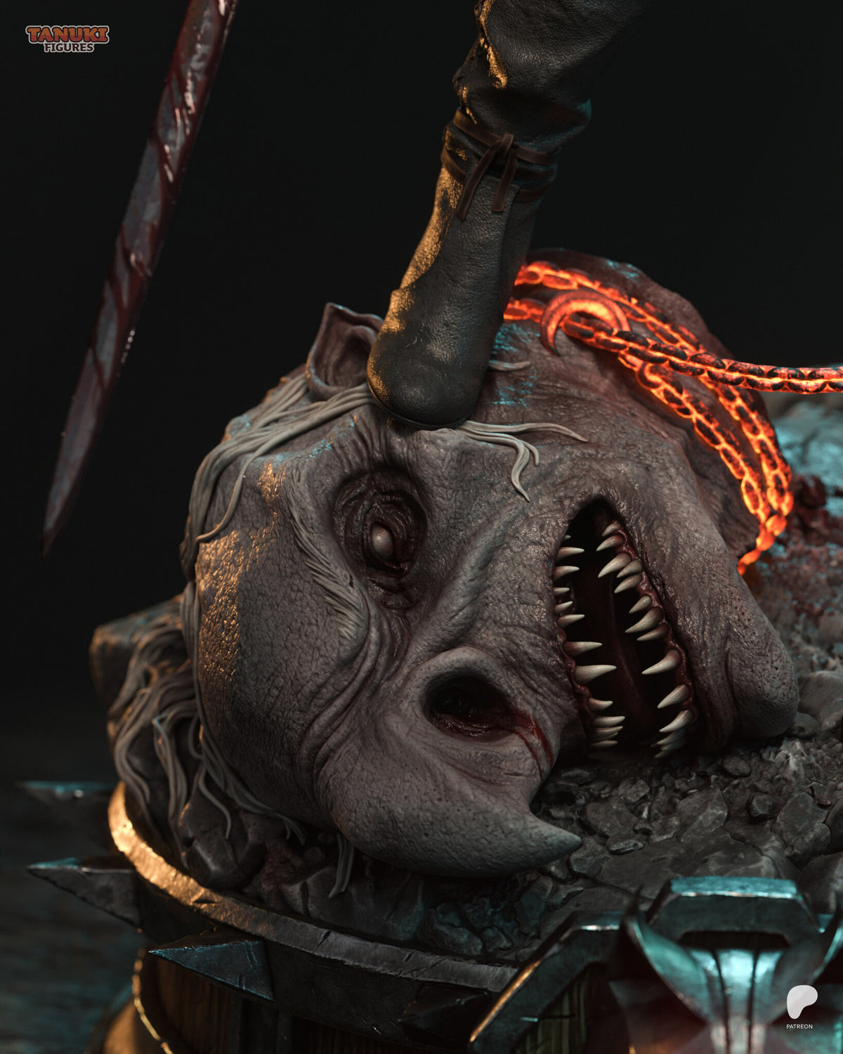 Sculptor's render (kit ships unpainted): close-up of the severed monster head with needle teeth, a boot pressing on its brow