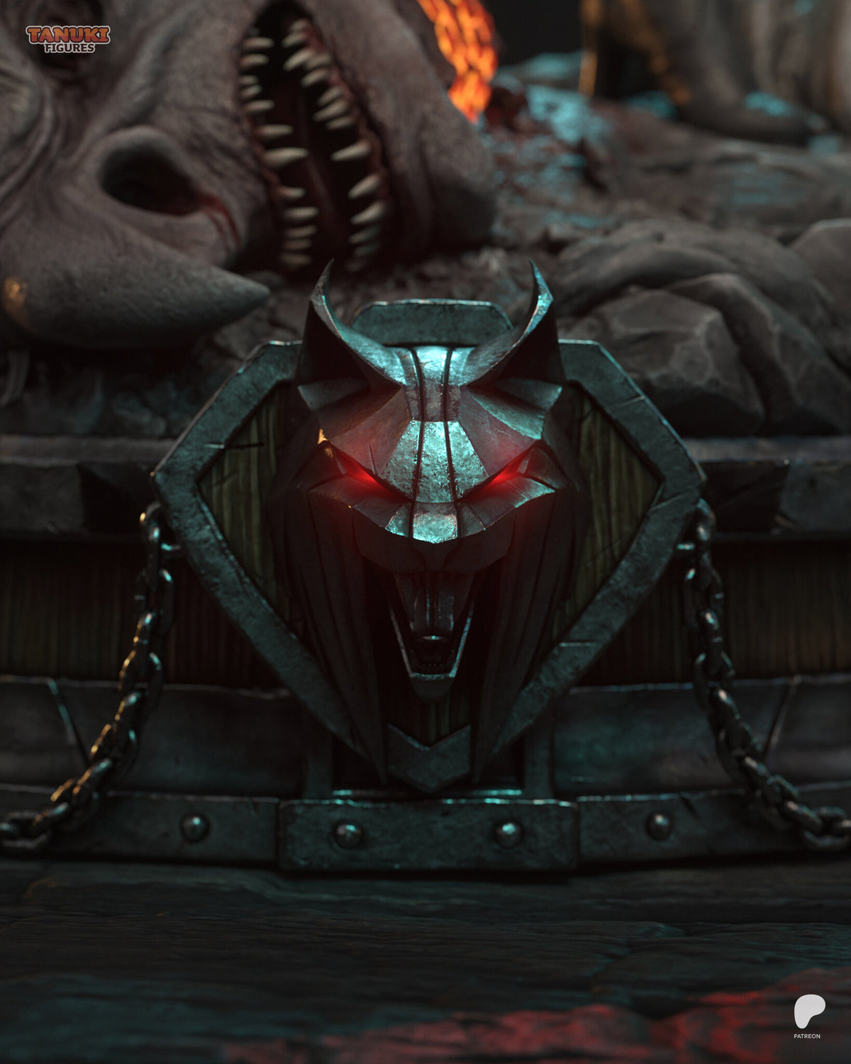 Sculptor's render (kit ships unpainted): close-up of the beast-head emblem with glowing red eyes on the riveted plinth