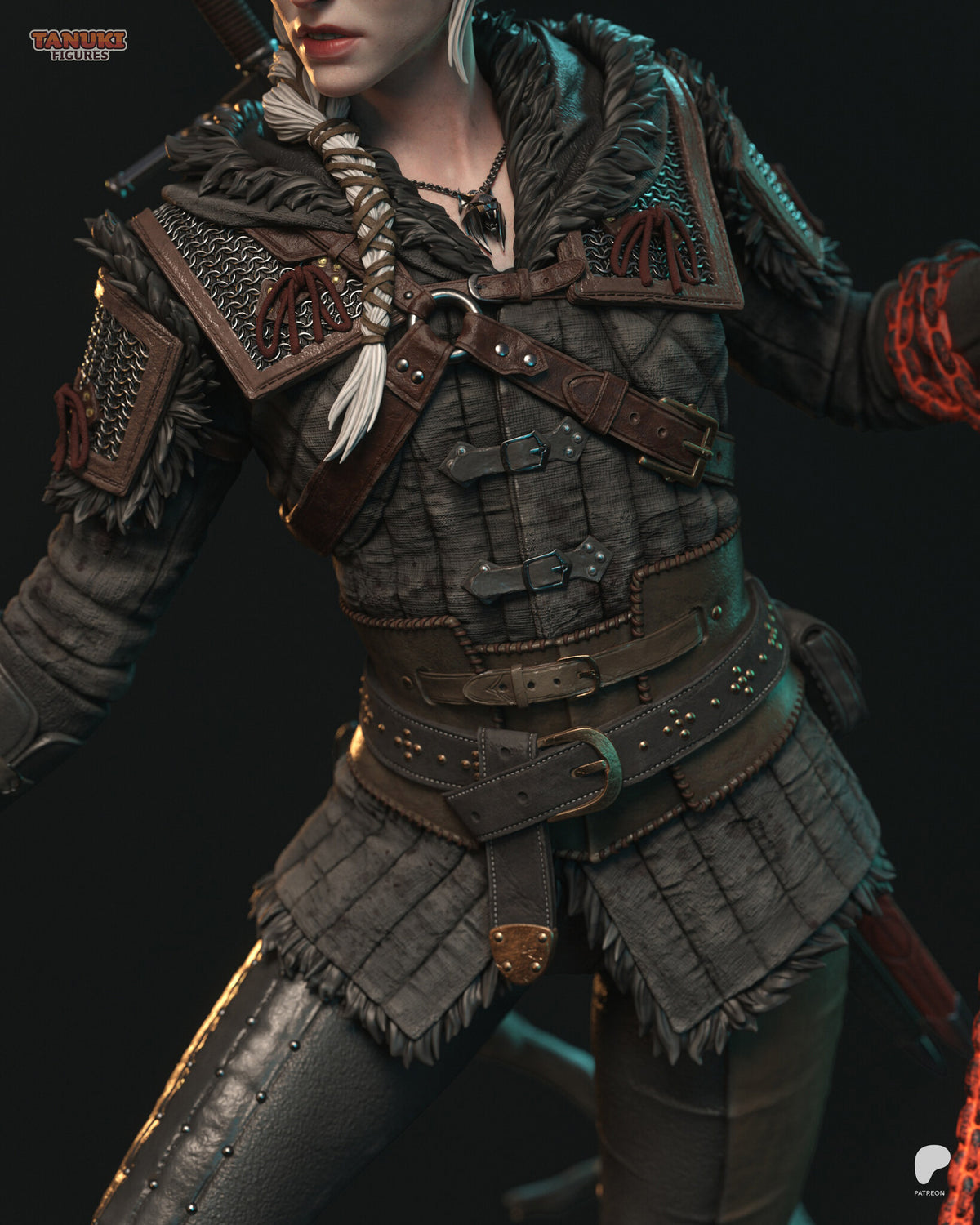Sculptor's render (kit ships unpainted): close-up of the fur collar, quilted jacket, red cord knotwork and studded leather belts