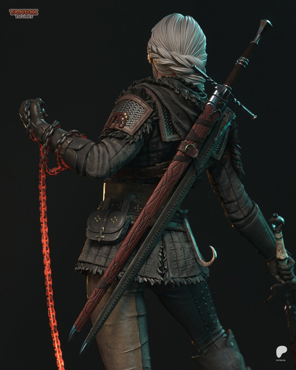 Sculptor's render (kit ships unpainted): rear close-up of the braided hair, the sword in its red tooled scabbard and the studded pouch