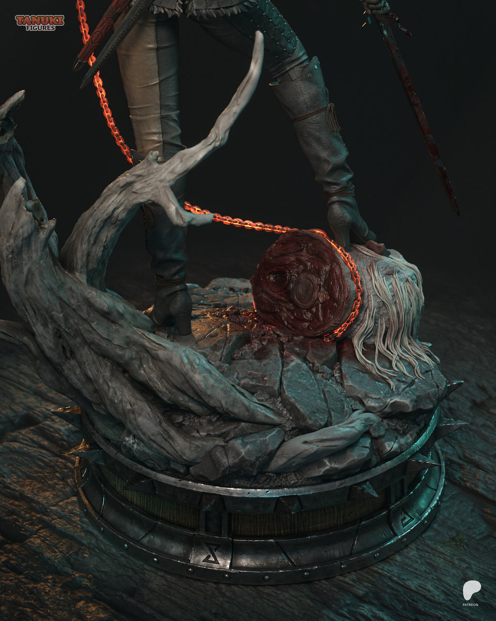 Sculptor's render (kit ships unpainted): high rear view of the base, with the cut neck of the monster wrapped in chain and the tree in front