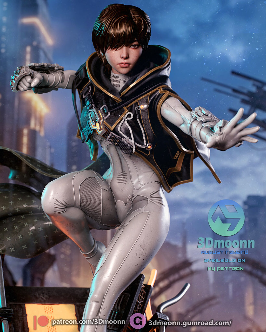 Sculptor's render (kit ships unpainted): close front view with the cape fitted, showing the capelet harness