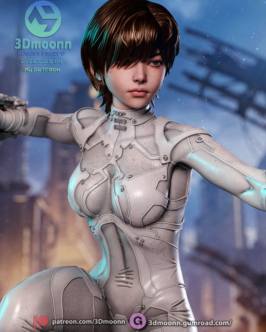 Sculptor's render (kit ships unpainted): close-up of the face and the paneled bodysuit