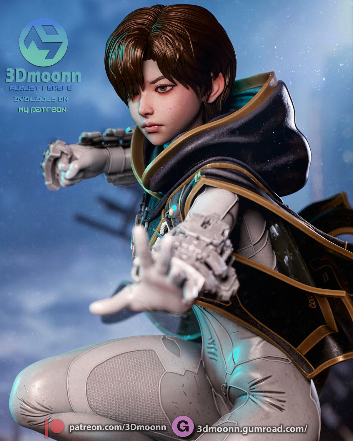 Sculptor's render (kit ships unpainted): low close view with the cape fitted, reaching out with the bracer arm
