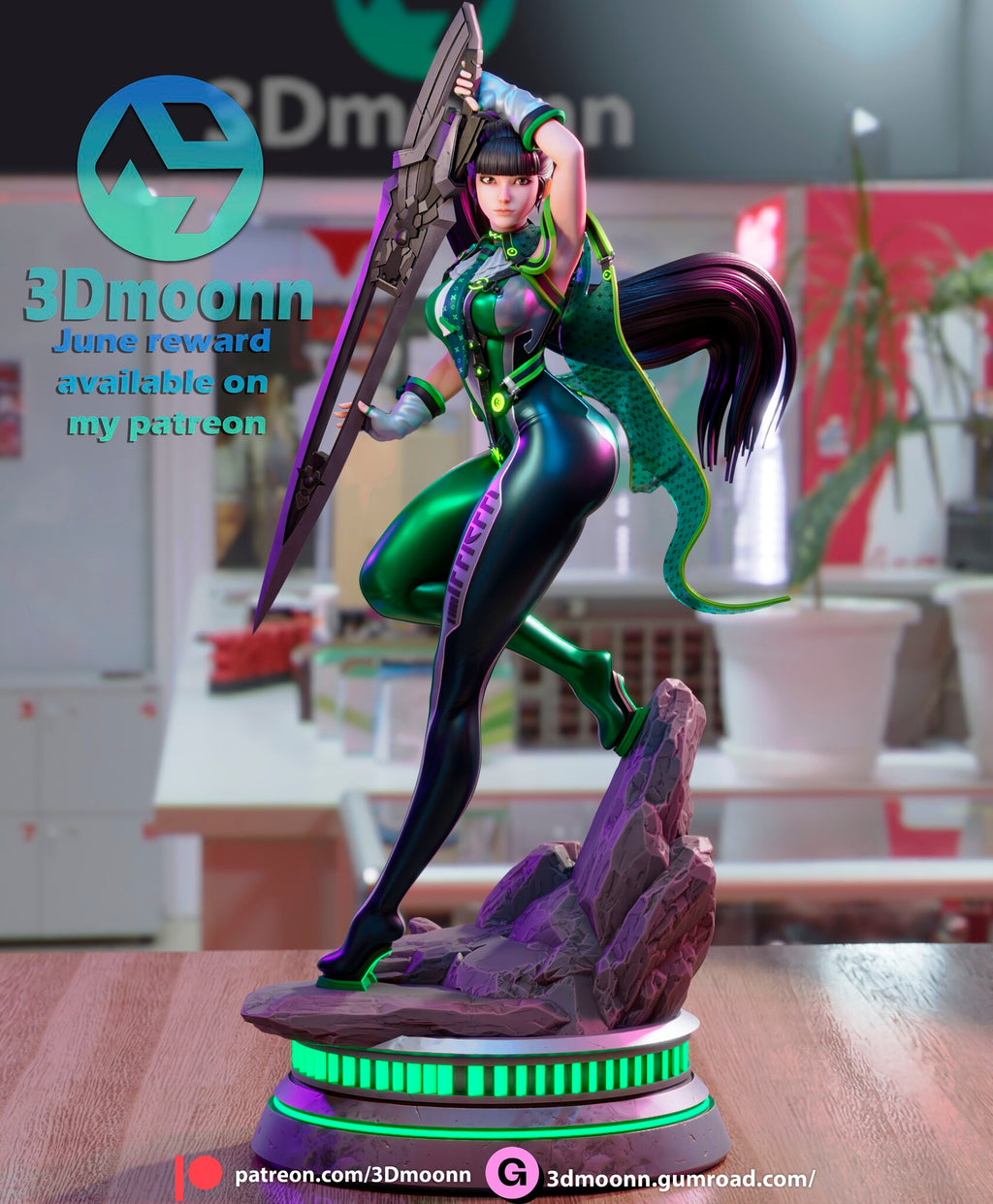 Sculptor's render of the painted design (kit ships unpainted): front three-quarter view of the full figure on one leg with the giant sword raised, on the oval base with its glowing green ring