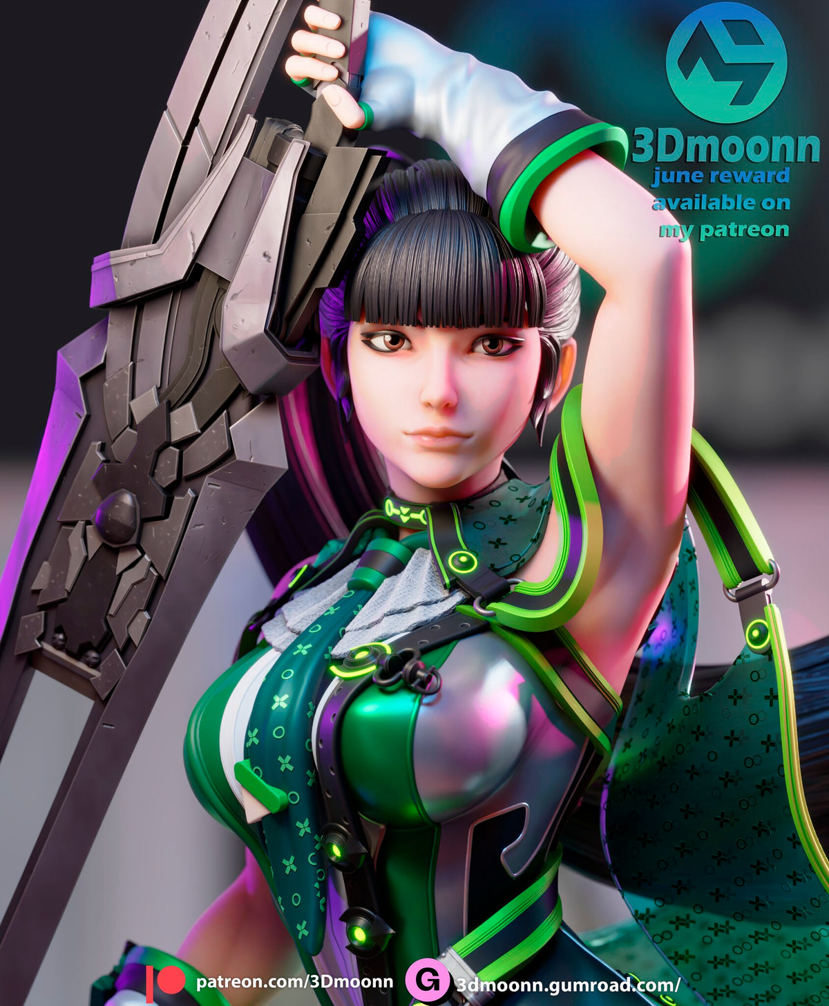 Sculptor's render (kit ships unpainted): close-up of the face and straight fringe beside the sword