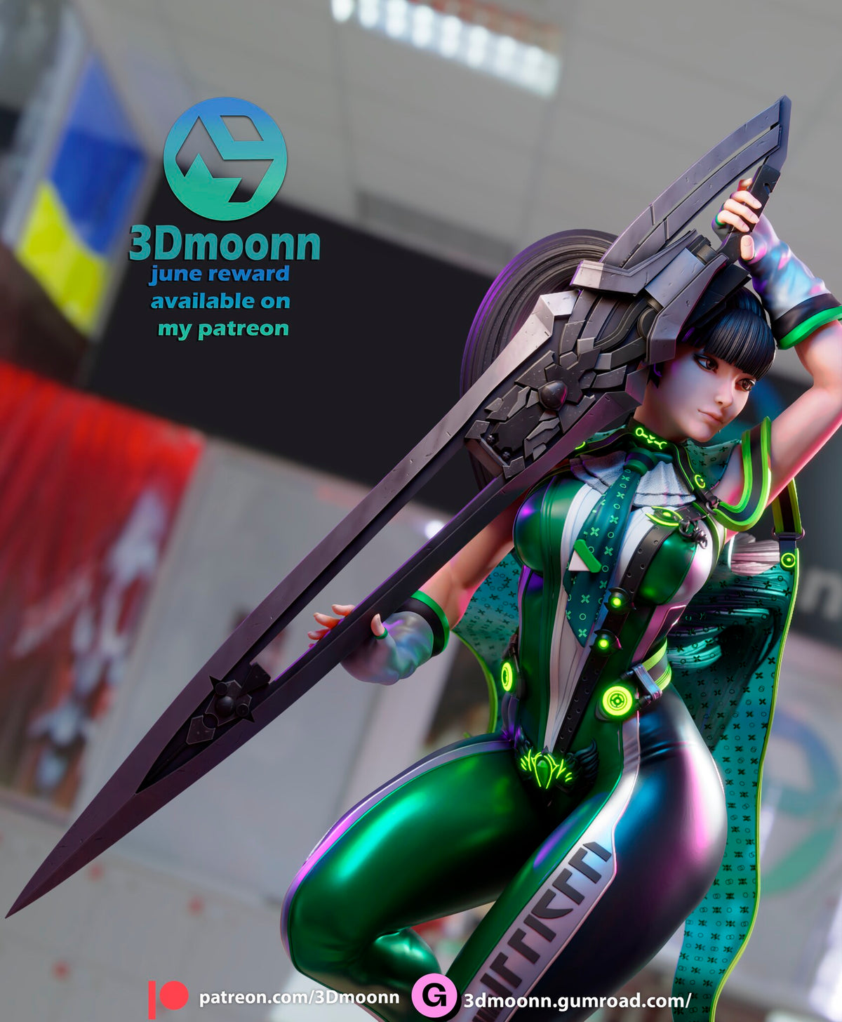 Sculptor's render (kit ships unpainted): side view of the upper body with the full length of the sword