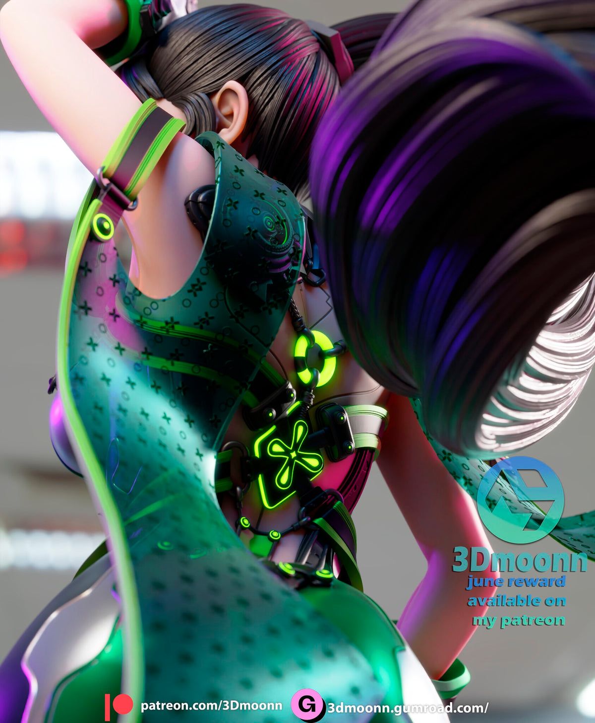 Sculptor's render (kit ships unpainted): close-up of the ponytail clip and glowing fittings on the back