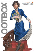 Sculptor's render of the painted design (kit ships unpainted): front three-quarter view of the dark-haired young woman in a blue bolero and long blue skirt, holding a book and lifting her hem as she steps down the crates beside the wooden railing